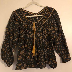 Free People XS Black/Gold Floral Long Sleeve Top